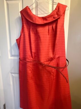 madison leigh Coral-Sleeveless Shift Dress with Belt Detail